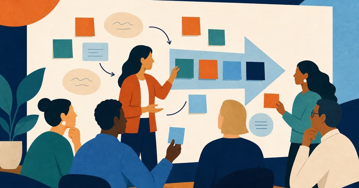 A facilitator helping a group organize ideas into a clear direction
