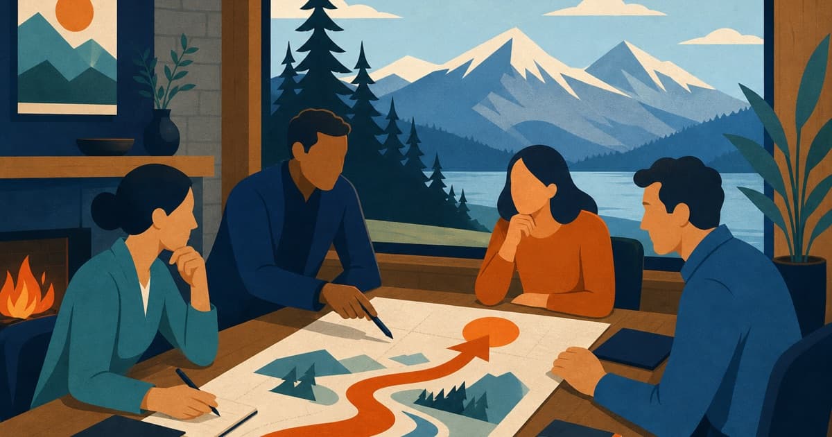 A leadership team planning together at a mountain retreat