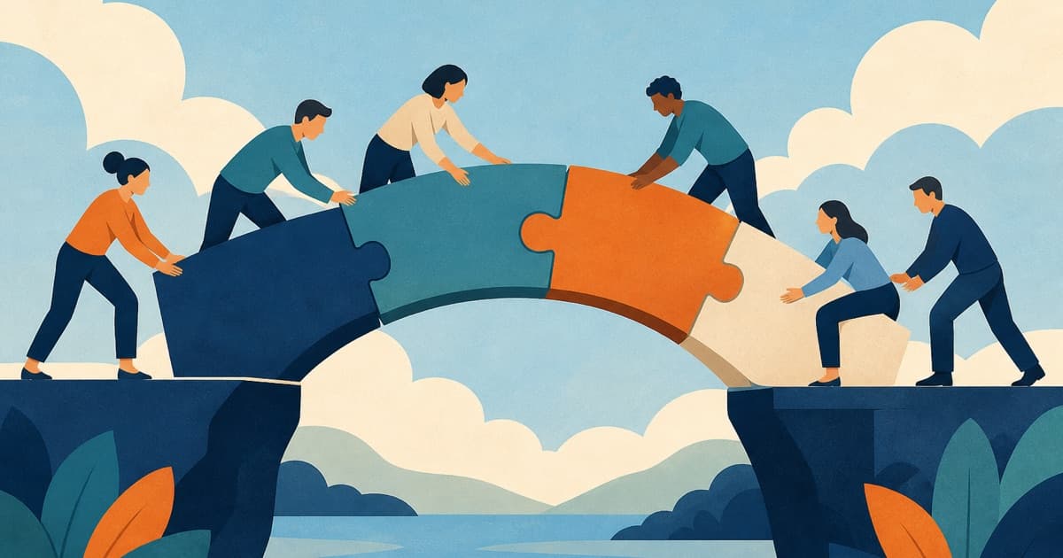 A team connecting pieces to build a bridge together
