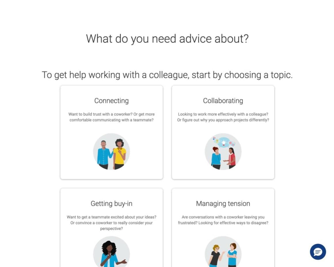 Catalyst Get advice page asking what you need advice about, with four topics: connecting, collaborating, getting buy-in, and managing tension