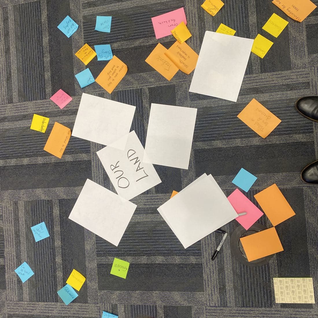 The tape is gone and the land cards and sticky notes are gathered together around a card reading Our Land