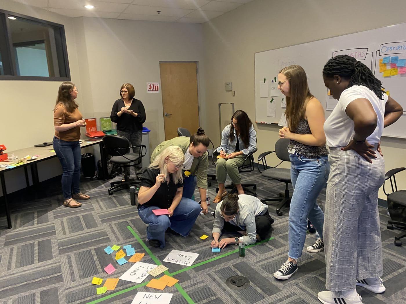 Team members crouch on the floor inside taped lands, writing on sticky notes