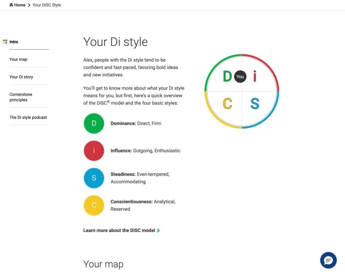 Catalyst page titled Your Di style, with a sample person’s dot on the DiSC circle and the four basic styles listed