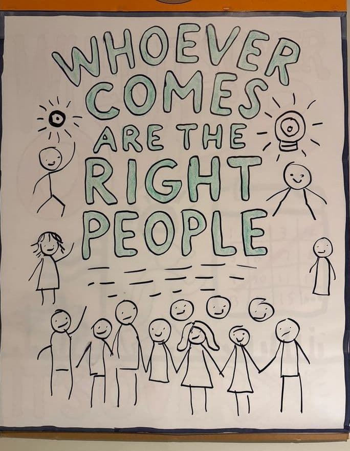 Hand-drawn poster: Whoever comes are the right people