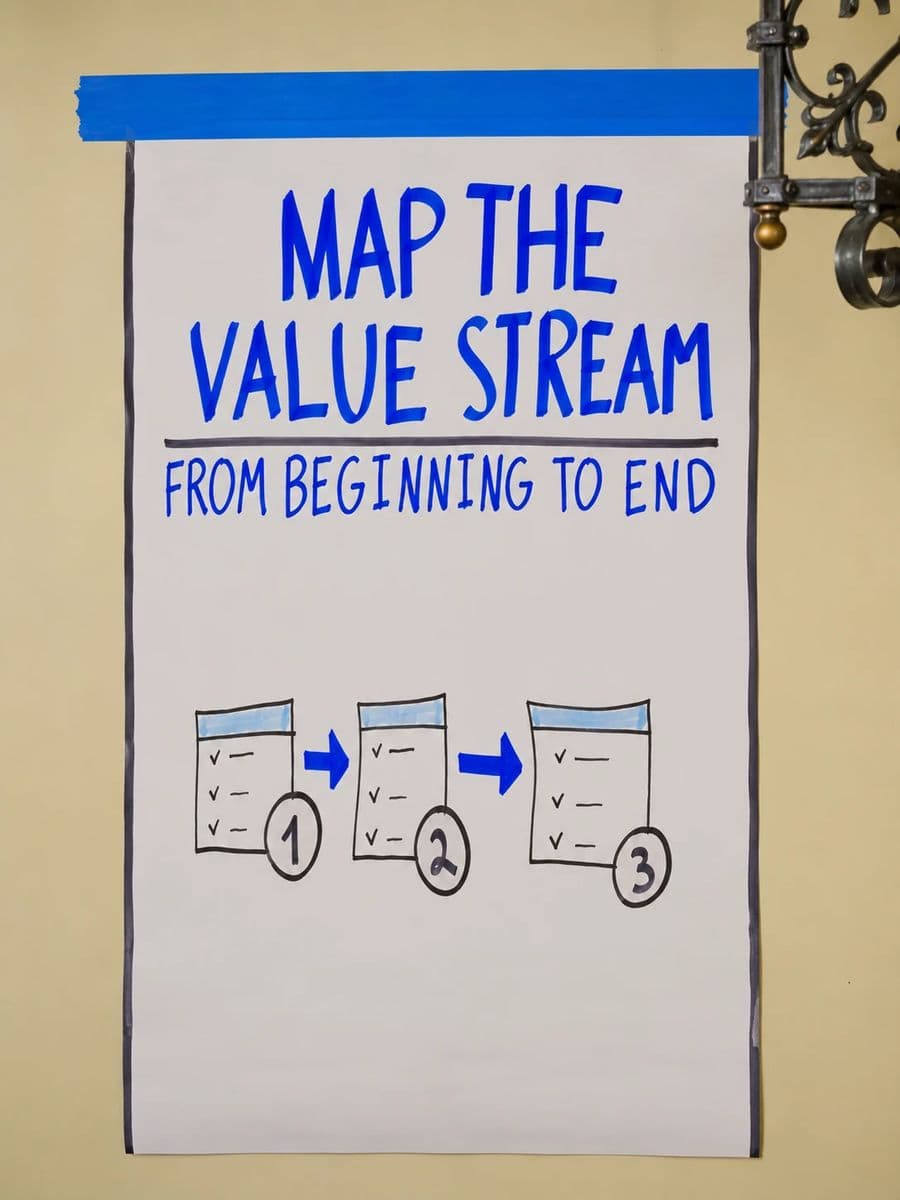 Hand-drawn poster: Map the value stream from beginning to end